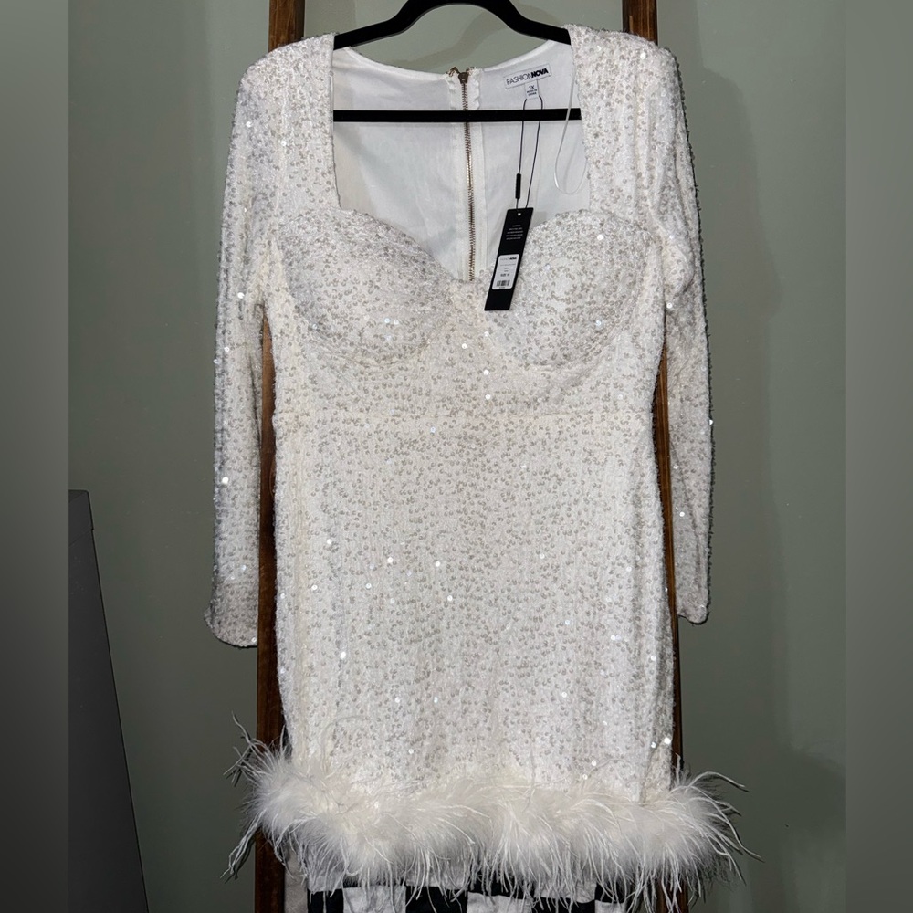 Fashion Nova White Sequin Feather Trim Mini Dress